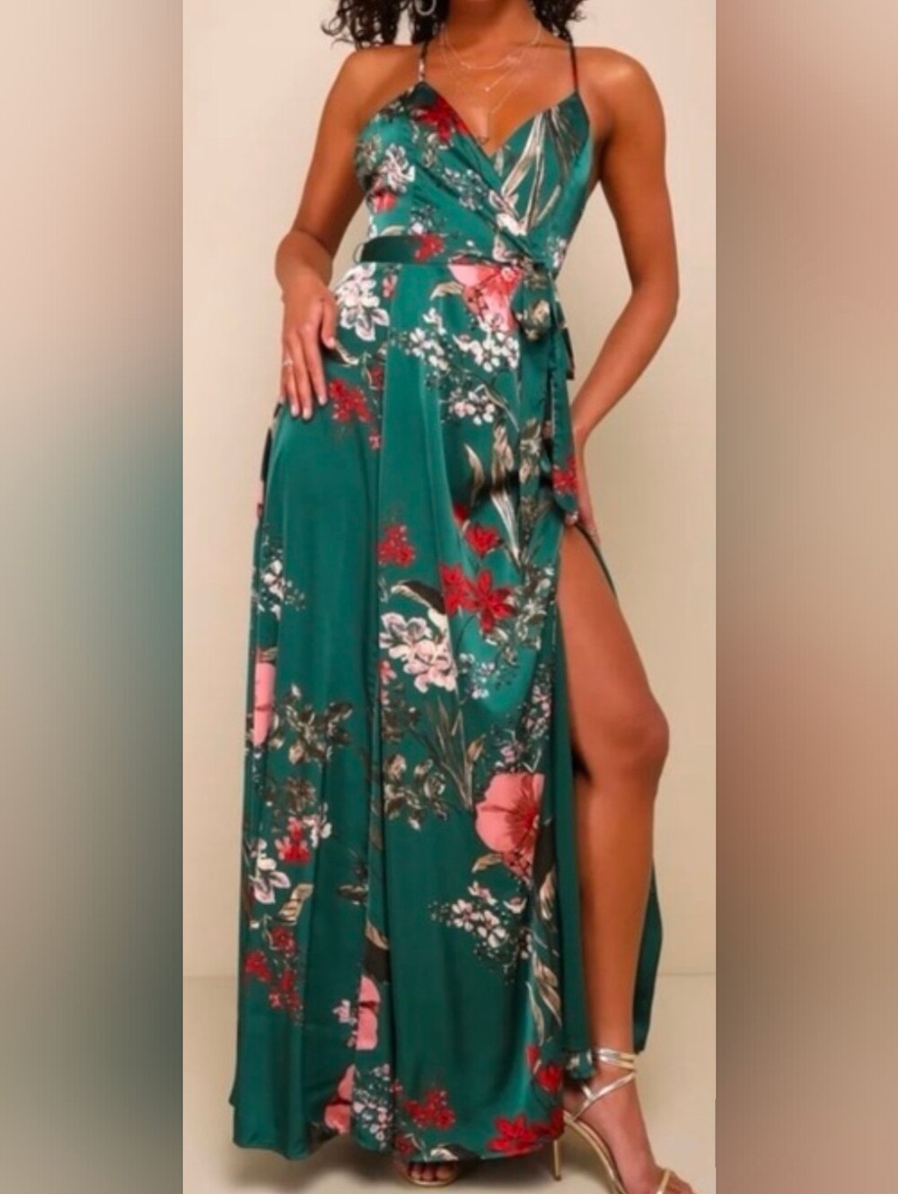 Lulu's Emerald Green/Teal Floral Wrap Maxi Dress with Side Slit